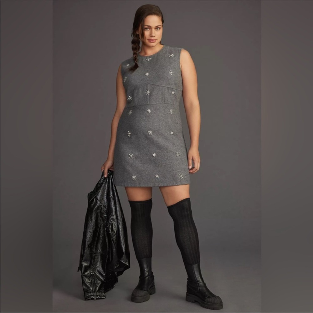 Anthropologie Vineet Bahl Dress Crystal Embellished Shift Wool Mini in Grey - Picture 5 of 9